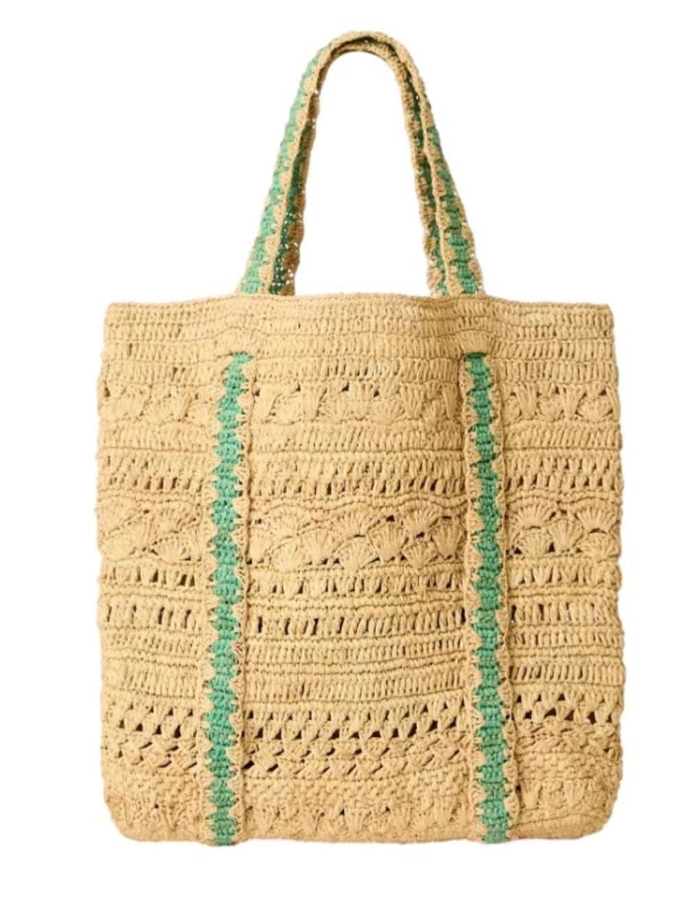 Natural Crochet Tote Bag with Mint Accents